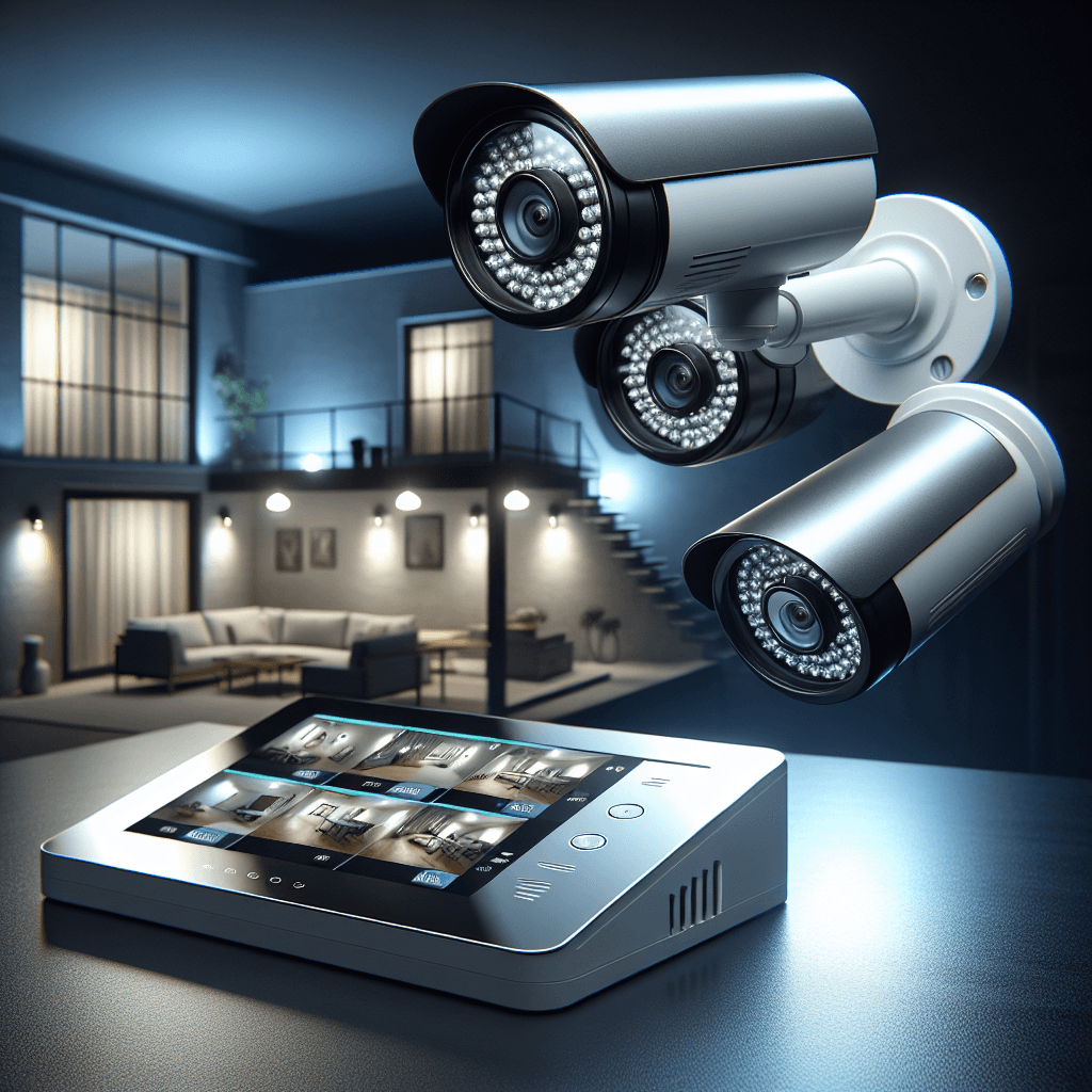 High-tech home security system with surveillance cameras and a digital monitoring device on a table.