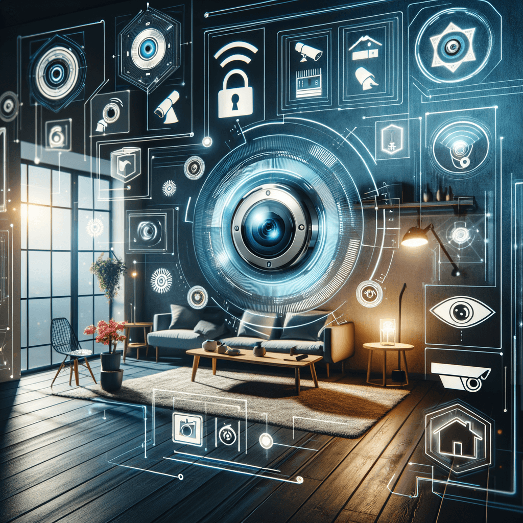 Modern living room with a smart home security system featuring an integrated surveillance camera and connected devices.