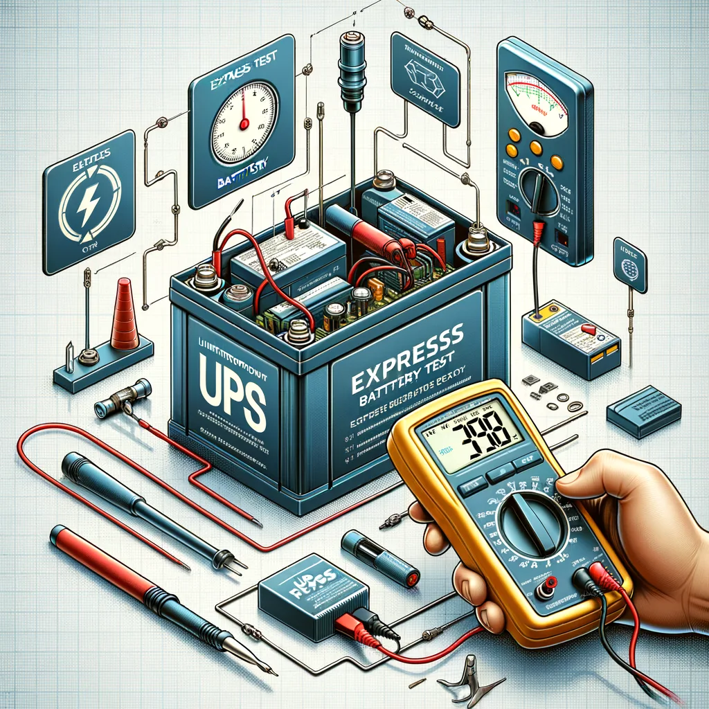 Illustration of a UPS battery testing setup with multimeter and electrical measurement tools.