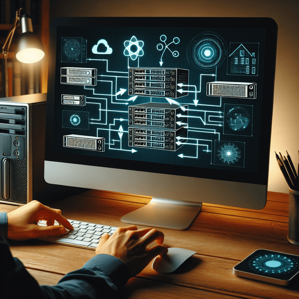 Person typing on a keyboard with a computer screen showing a network server and cloud computing system diagram.