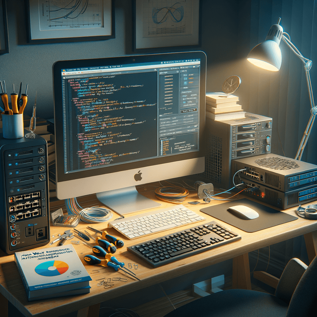Modern workspace with coding on computer screen Modern workspace showing computer screen with coding, keyboard, notebook, pen, and glasses on organized desk.