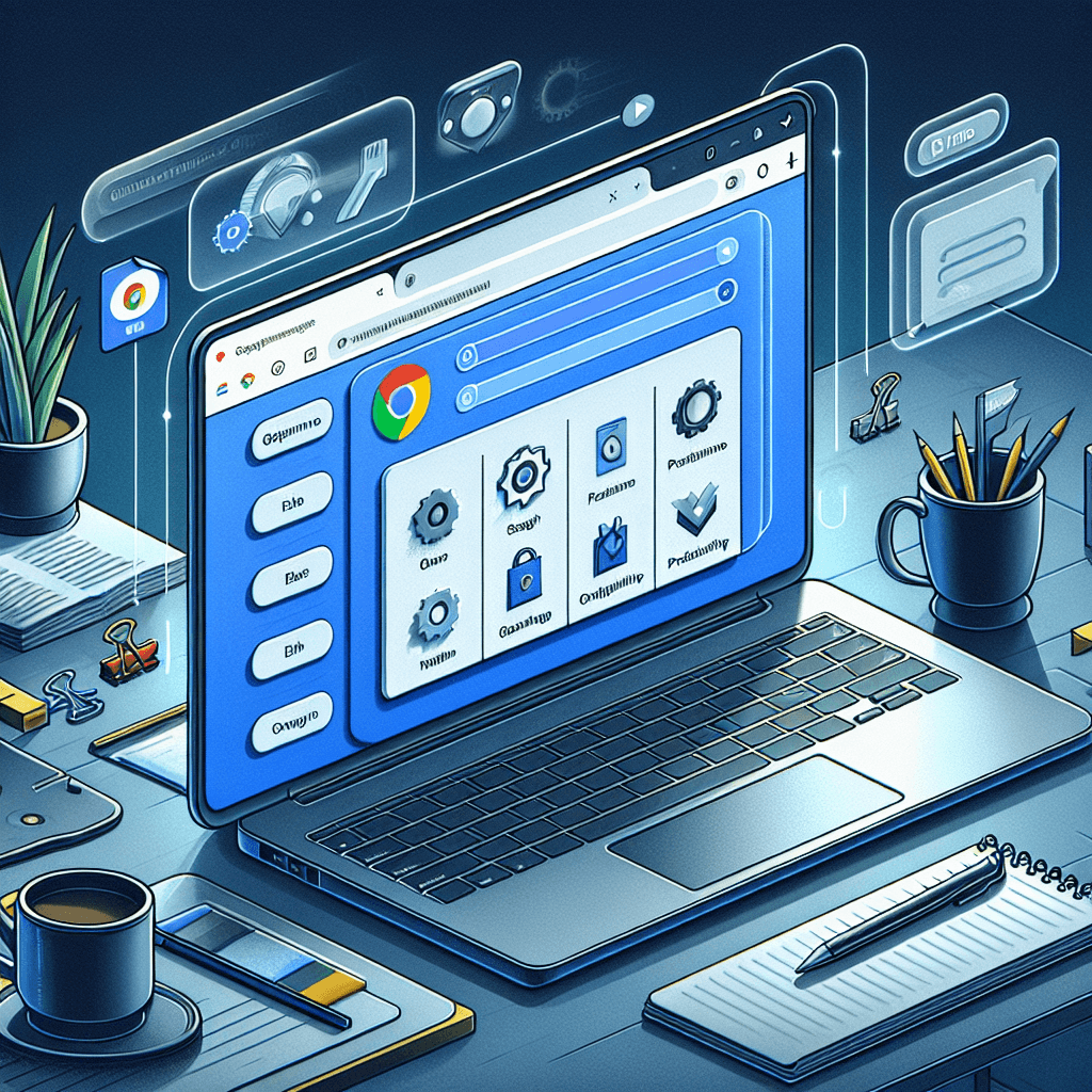 Illustration of a laptop showing Chrome browser settings in a futuristic digital workspace.