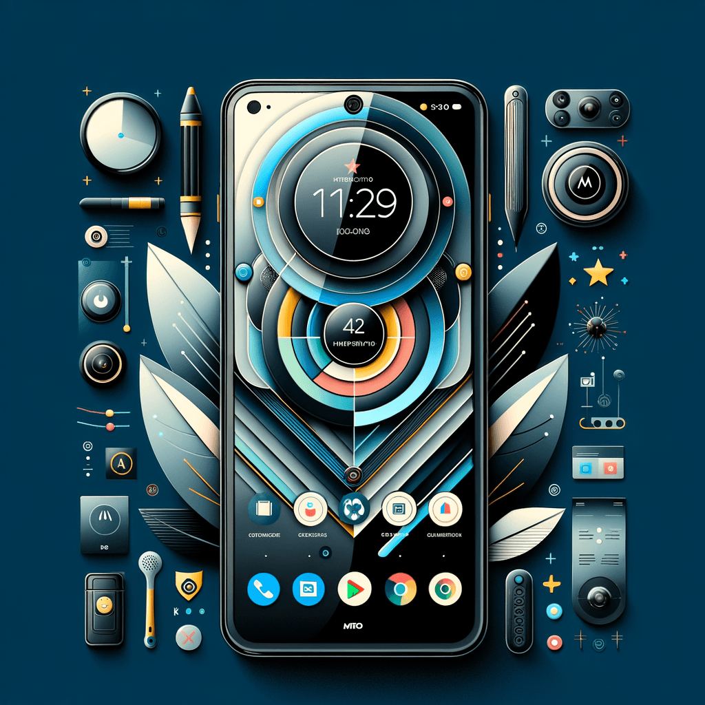 High-tech Motorola Edge 70 smartphone displaying a futuristic interface with digital gadgets around it.