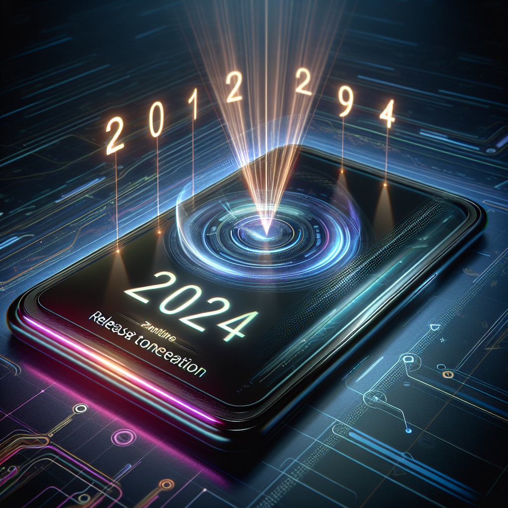 Futuristic smartphone projecting holographic years 2023 and 2024 with technology icons and data charts.