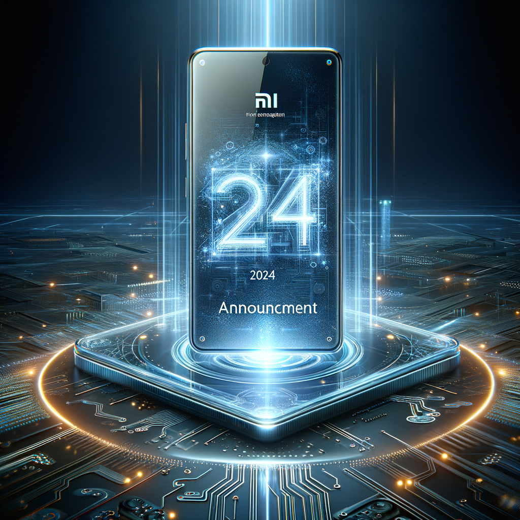 Futuristic Xiaomi 2024 Smartphone Announcement Futuristic Xiaomi smartphone with glowing blue digital interface, showcasing advanced technology and sleek design.