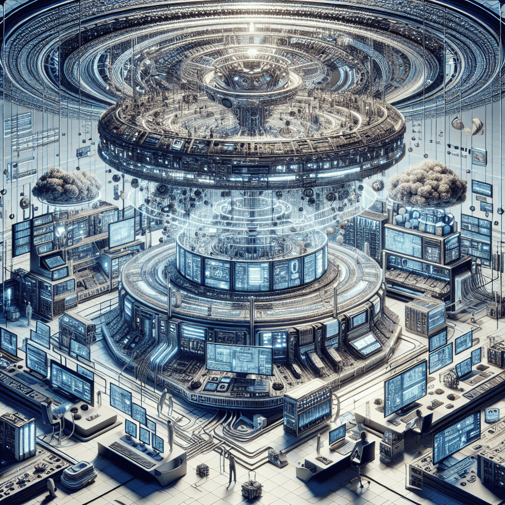 Futuristic high-tech control center with glowing digital interfaces and complex interconnected systems.