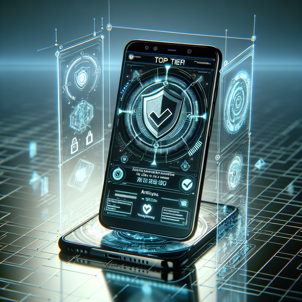 Futuristic smartphone showing advanced cybersecurity and data protection graphics on a digital interface.