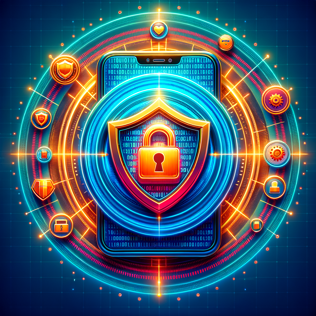 Smartphone with glowing shield and lock icon surrounded by digital cybersecurity symbols.