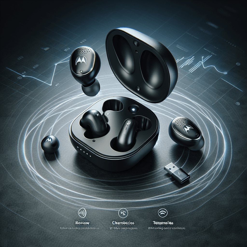 Motorola wireless earbuds with open charging case and USB adapter on a blue tech-themed background.