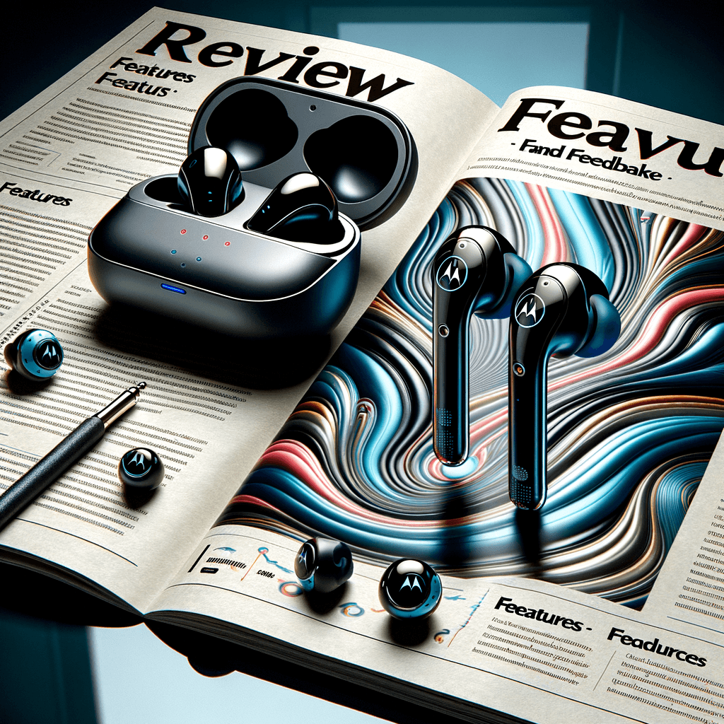 Wireless earbuds with open charging case placed on a magazine showing a product review.