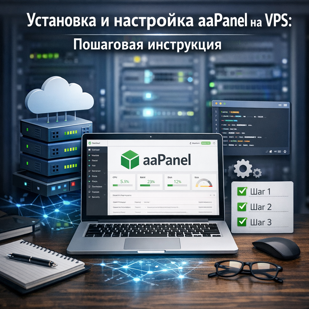 Step-by-step guide illustration for installing and setting up aaPanel on a VPS server.