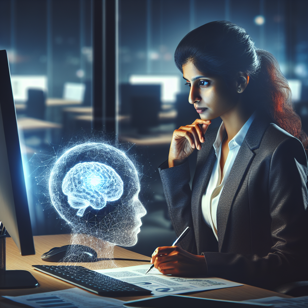 Businesswoman analyzing a holographic AI brain projection on a computer screen in a modern office.