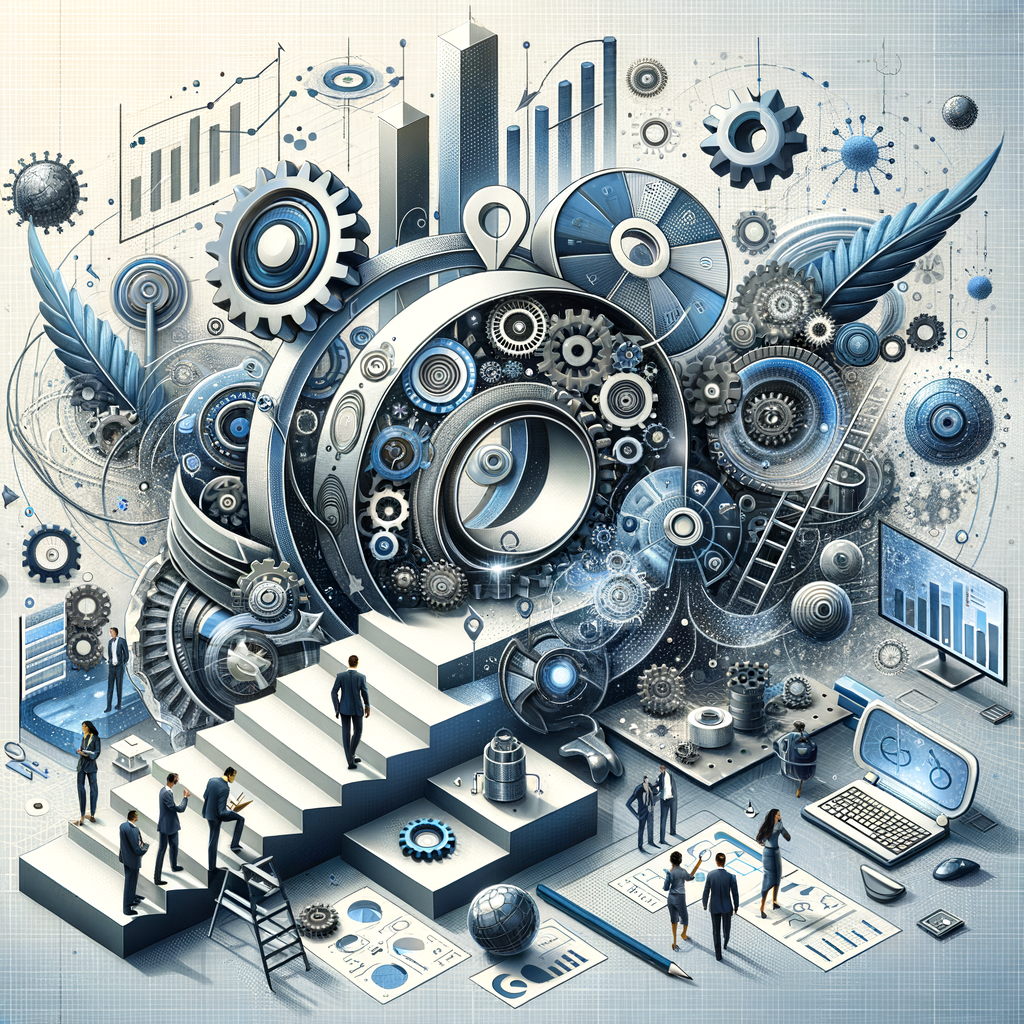 Business Strategy and Technology Integration Illustration Abstract illustration of professionals integrating business strategy and technology with gears and charts.