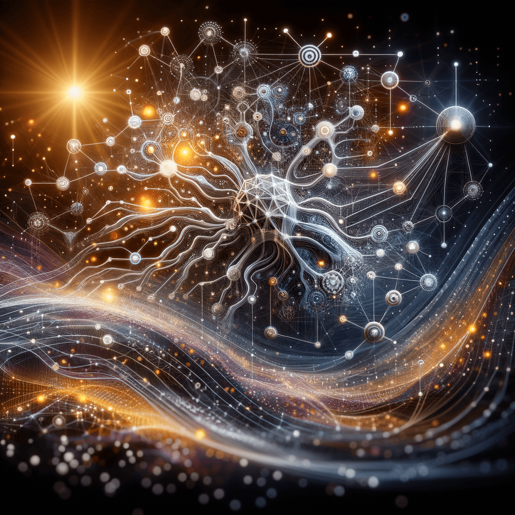 Abstract Neural Network in Cosmic Space Abstract digital neural network with glowing interconnected data nodes against a cosmic space background.