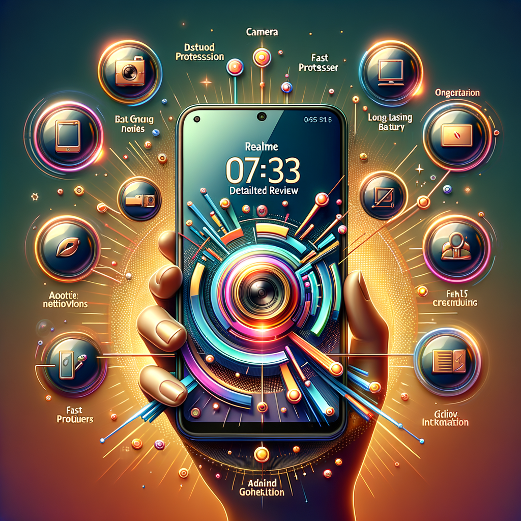 Futuristic smartphone displaying advanced camera and AI features on a vibrant digital interface.