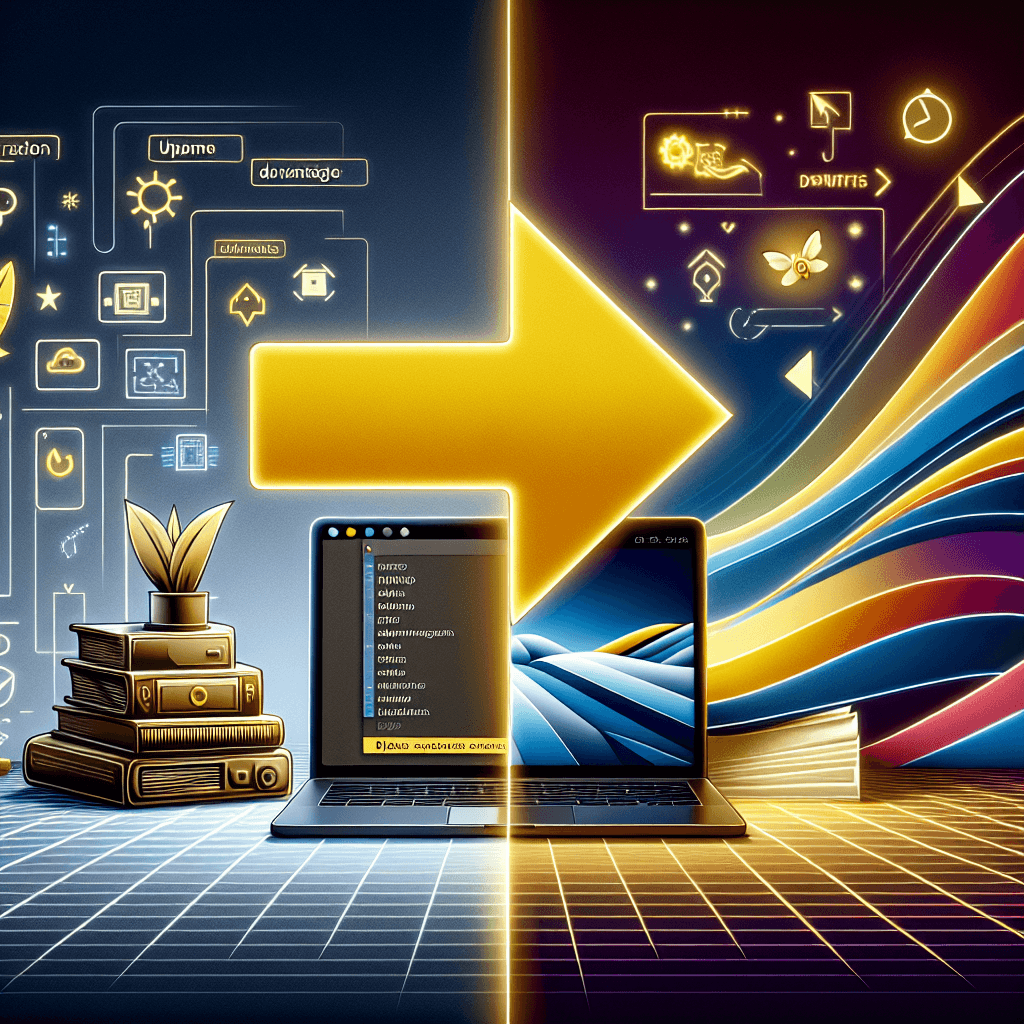 A thought-provoking digital landscape showing a split view. The left side displays an older, somewhat cluttered but functional computer desktop, labeled 'Previous Version'. Contrast this with a sleek, modern, and streamlined desktop on the right, labeled 'Ubuntu 26.04', boasting vibrant colors and advanced icons. At the center, an arrow pointing right signifies evolution, while yellow highlighted keywords like 'updating', 'advantages', and 'tips' float around, emphasizing the theme of the article. The background subtly suggests a sense of progress and innovation.