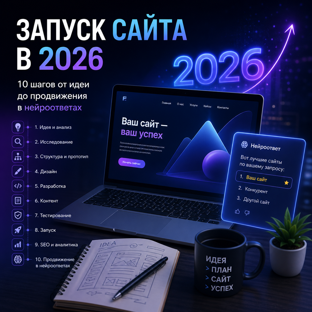 Запуск сайта в 2026: 10 шагов от идеи до продвижения в нейроответах — Featured i
